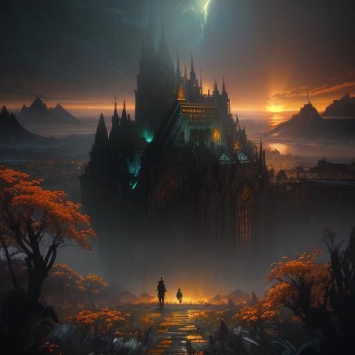 Sunset Over Bay with Flower Meadow in Dark Fantasy Style
