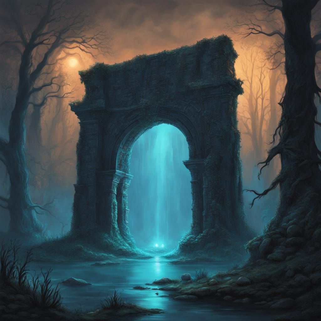 Ethereal Archway in Bioluminescent Swamp: Digital Painting