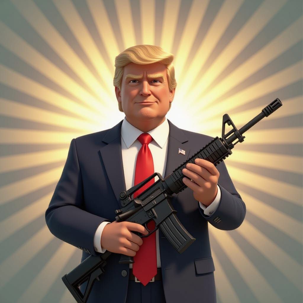 Donald Trump in Presidential Suit Holding AR-15, Pixar Style
