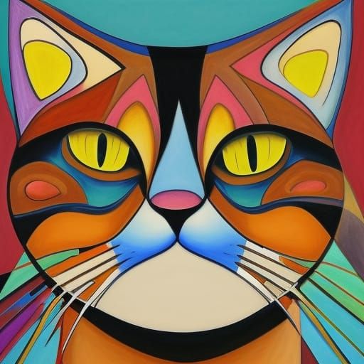 Geometric Cats Coloring Book Page in Cubist Style