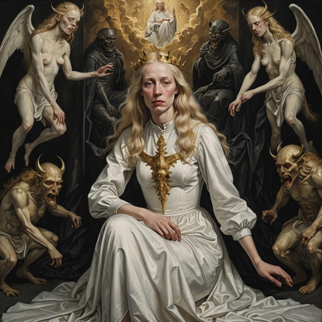 Ugly Blonde Woman with Golden Nimbus, Memling Style