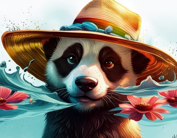 Panda with Summer Hat in Swimming Pool: 3D Digital Art