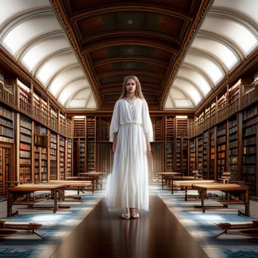 Hyperrealistic Apparition of a Girl in a Library