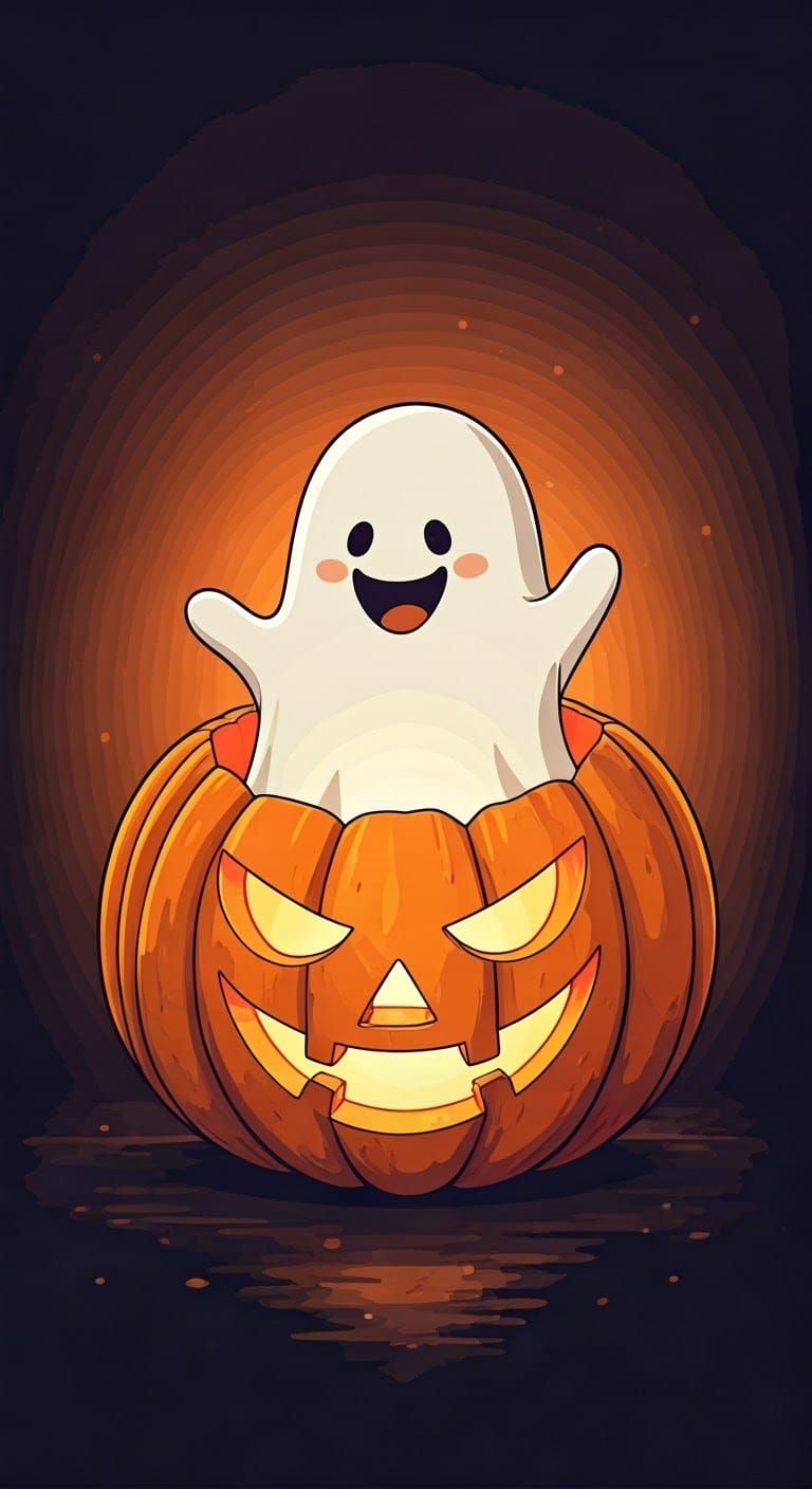 Chibi Ghost Emerges from Eerie Jack-o'-Lantern