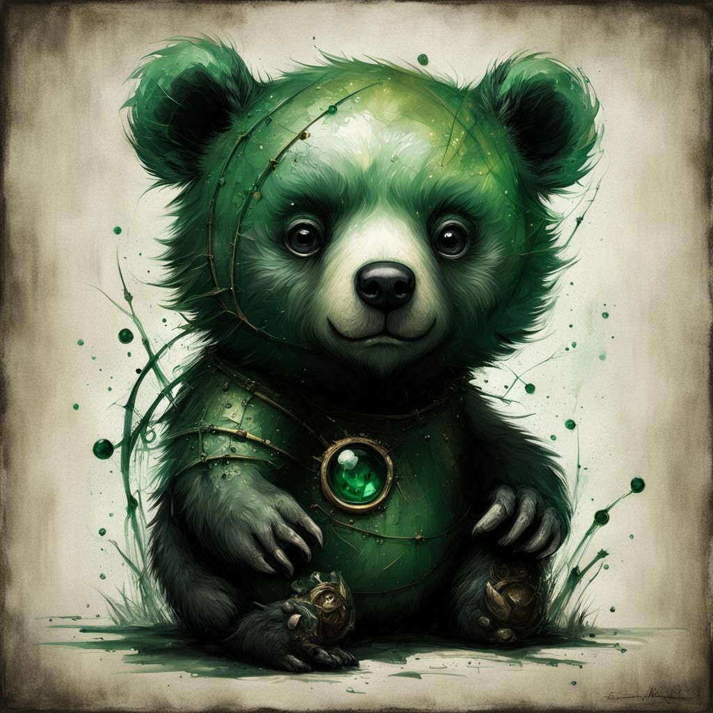 Robotic Emerald Bear Cub Portrait in Hyperrealistic Style