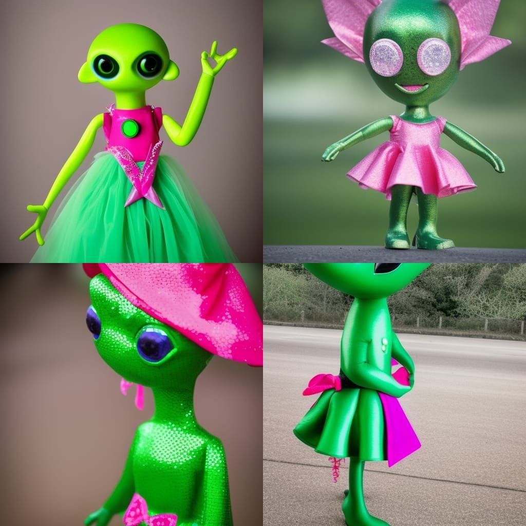 Green Alien in Pink Dress: Professional Photography