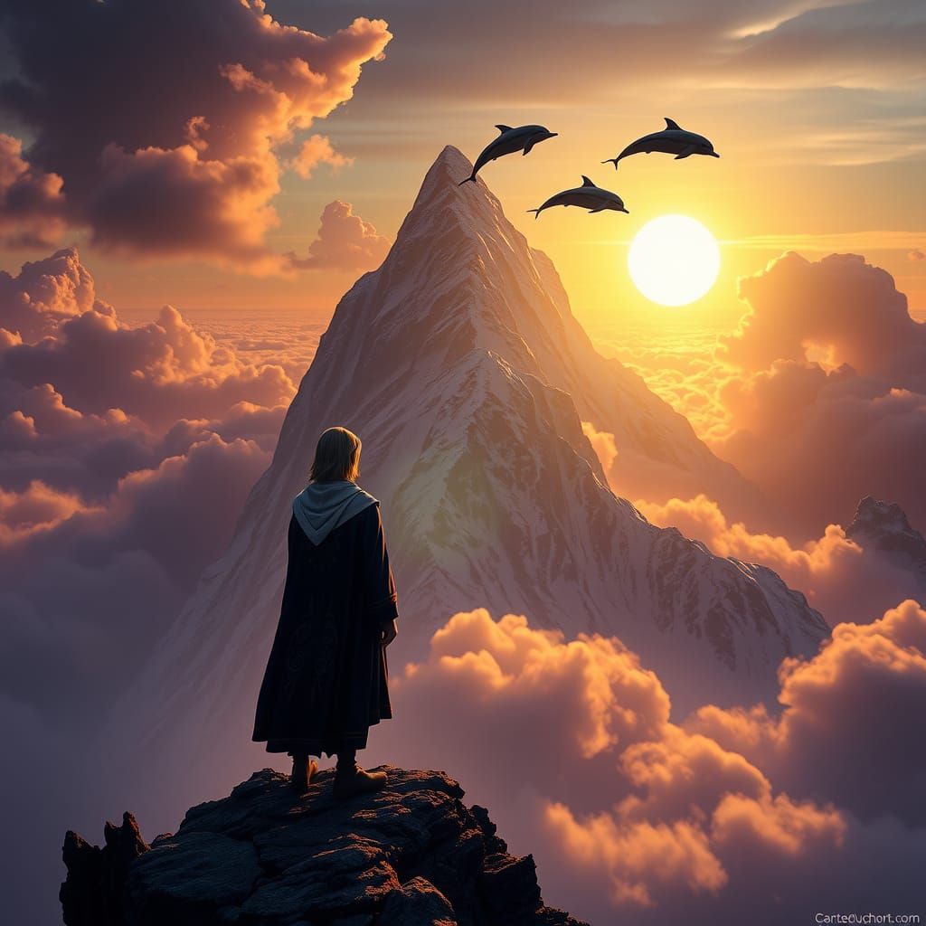 Mystical Mountain Peak with Sky Dolphins