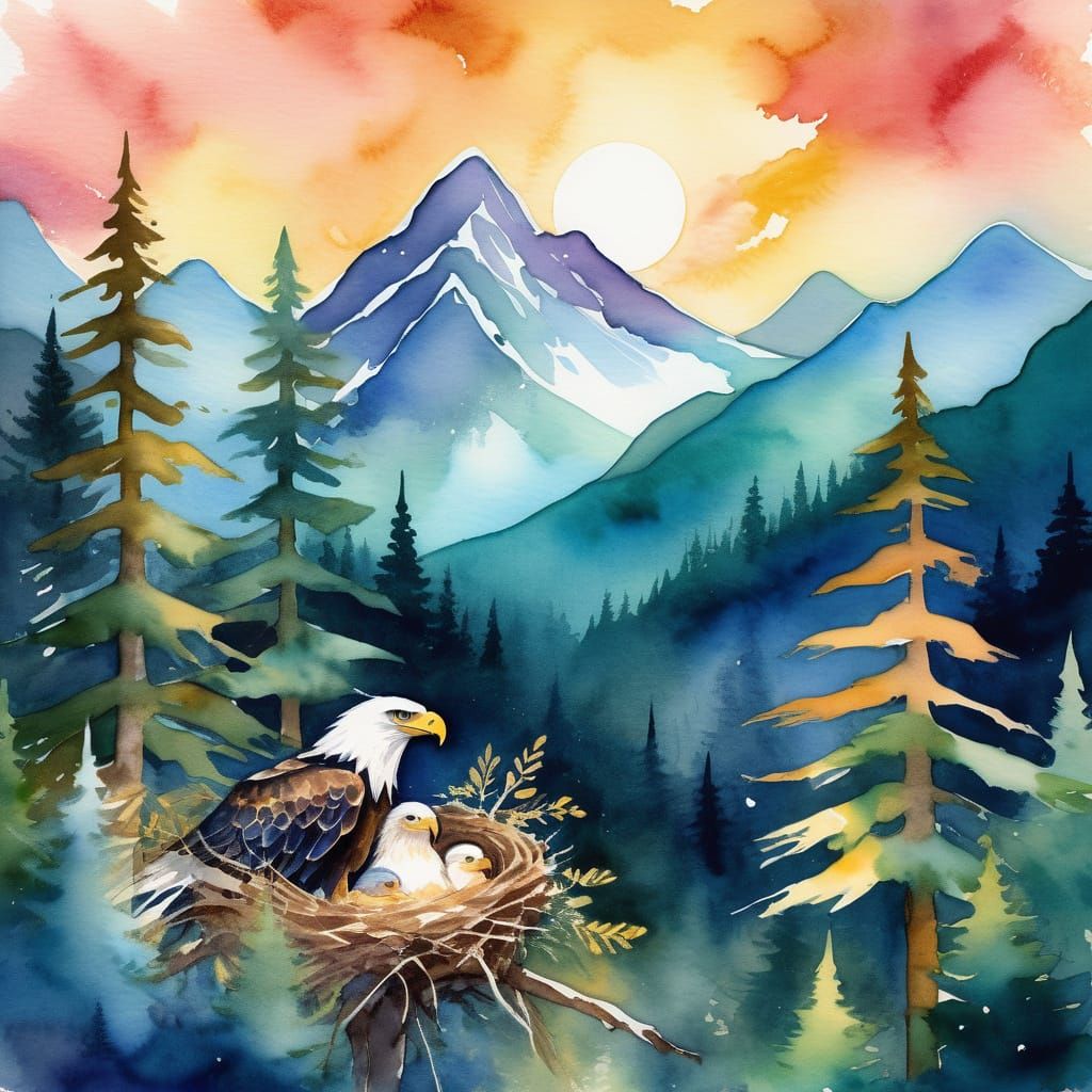 Eagle's Nest with Newborns in Sparkling Forest, Watercolor S...