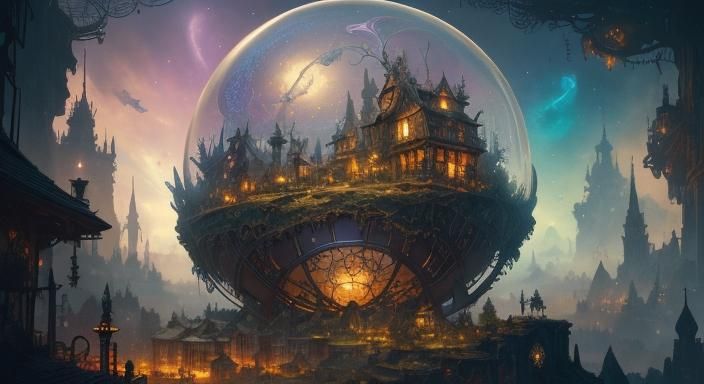 Fairy Village Inside Globe at Magic Hour