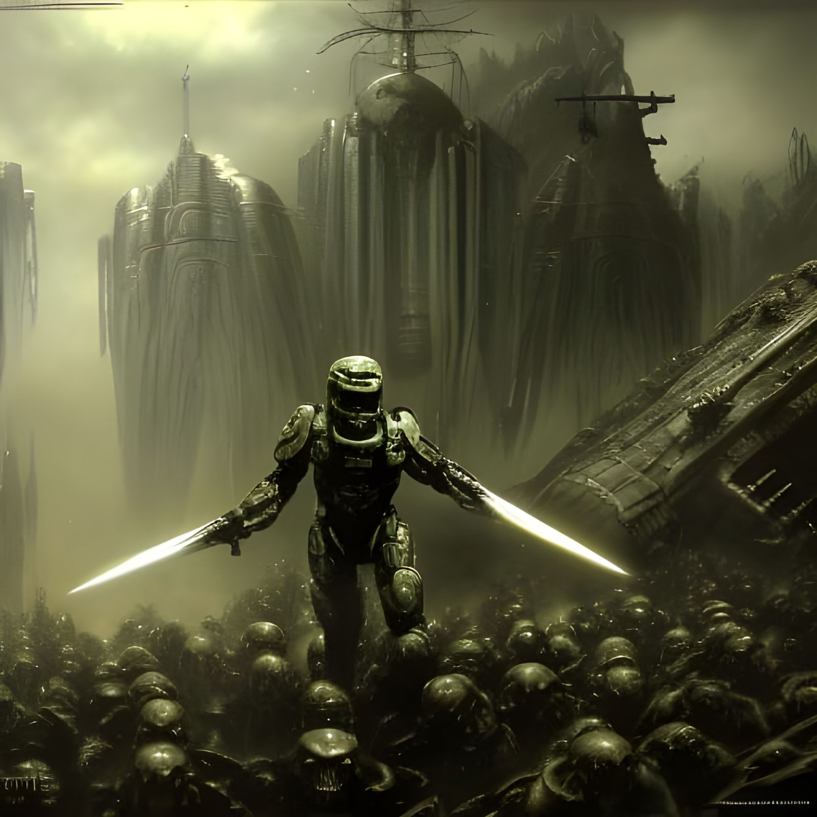 Masterchief in Sinister Battlefield, Dark Fantasy Art