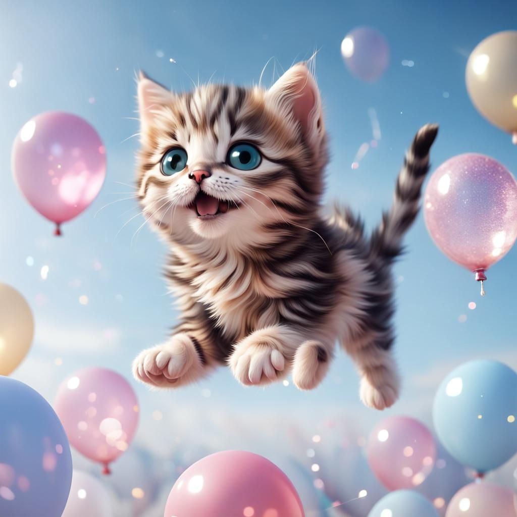 Balloon Kitten Flying in a Glittering Sky