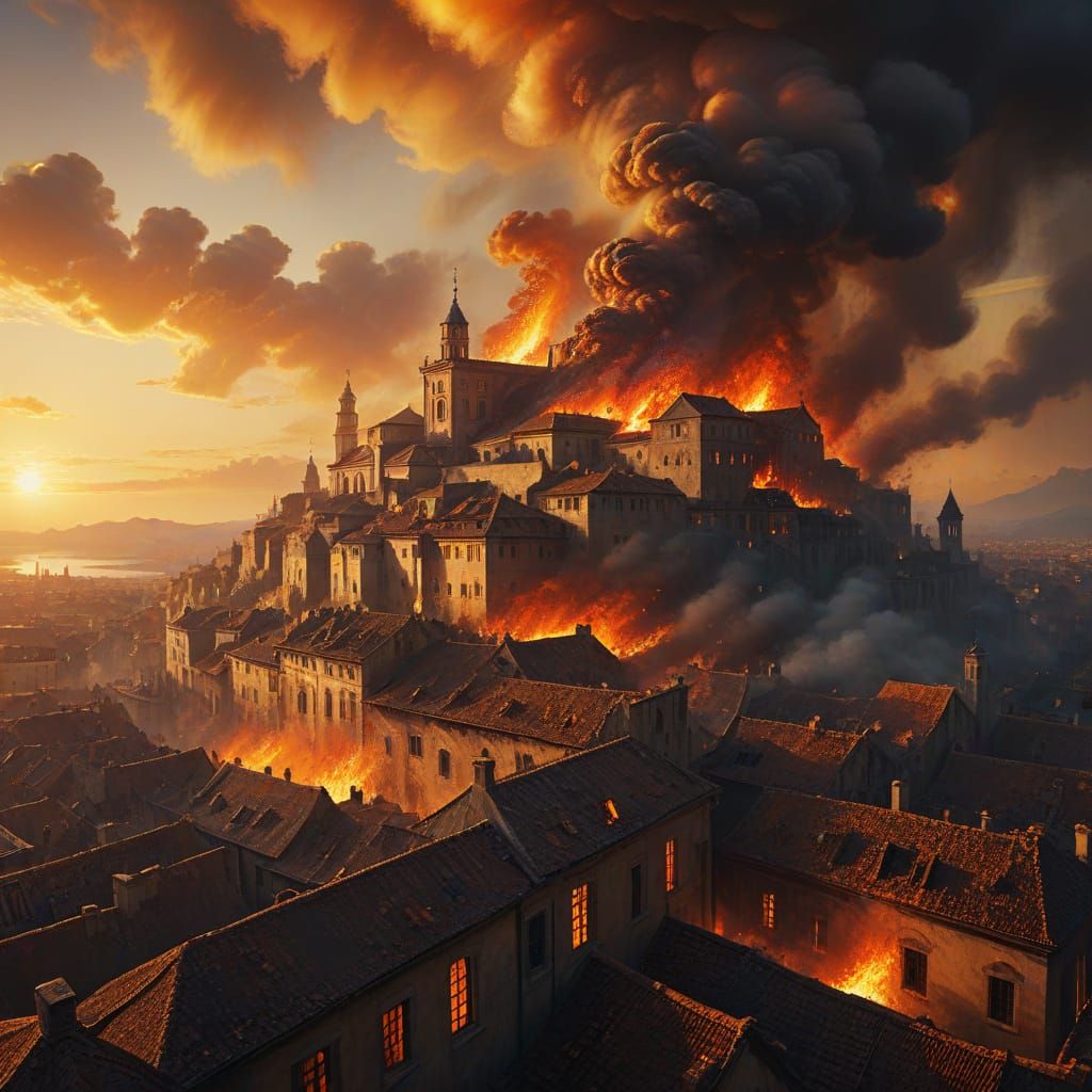 Burning City at Sunset in Renaissance Oil Painting