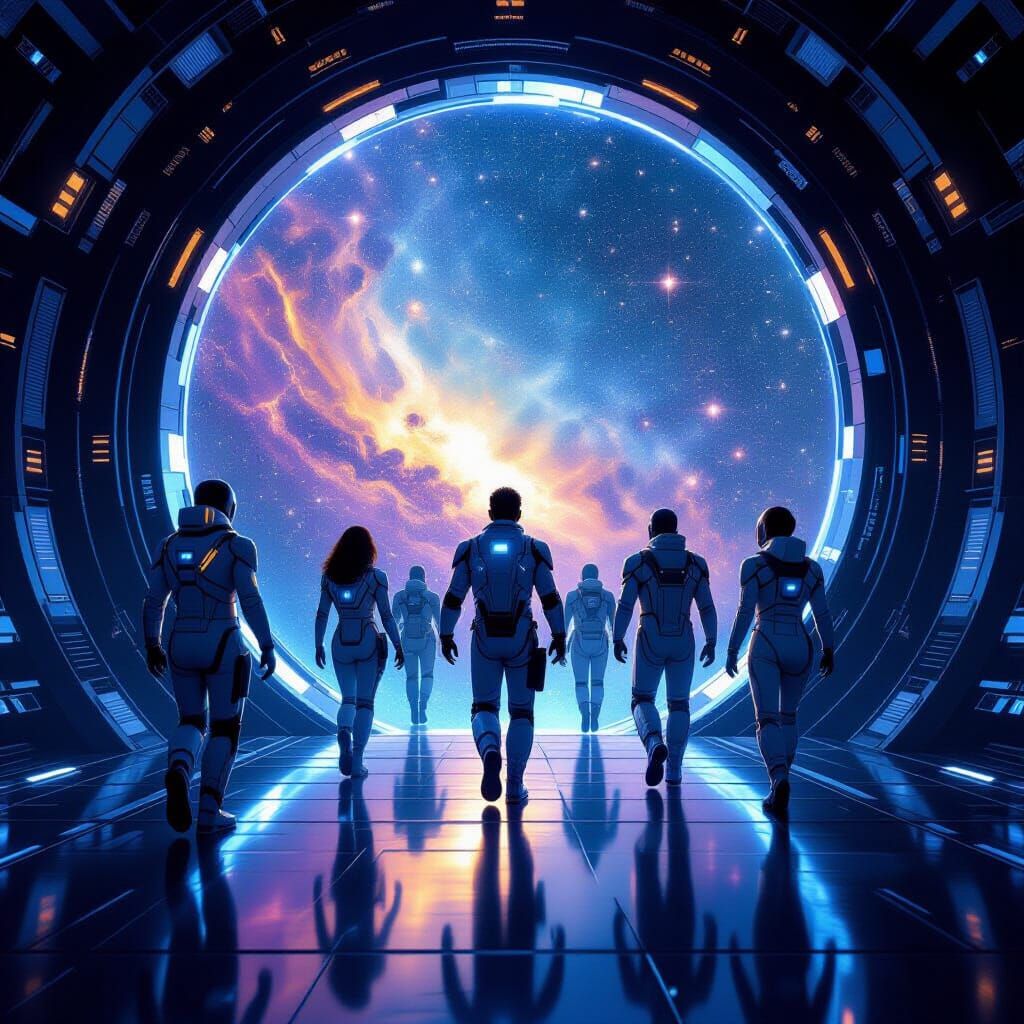 Futuristic Explorers Enter Cosmic Portal in Concept Art Styl...