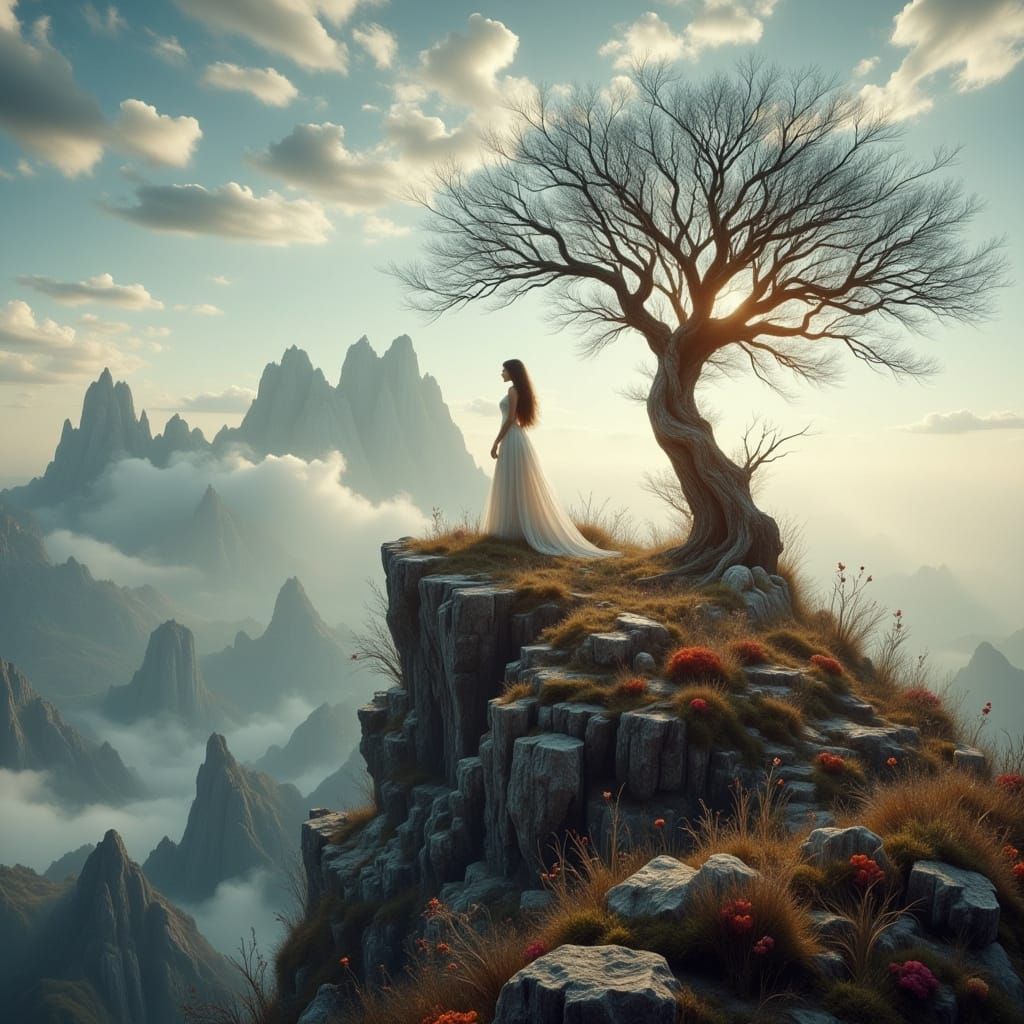 Surreal Woman on a Dreamy Mountain Top