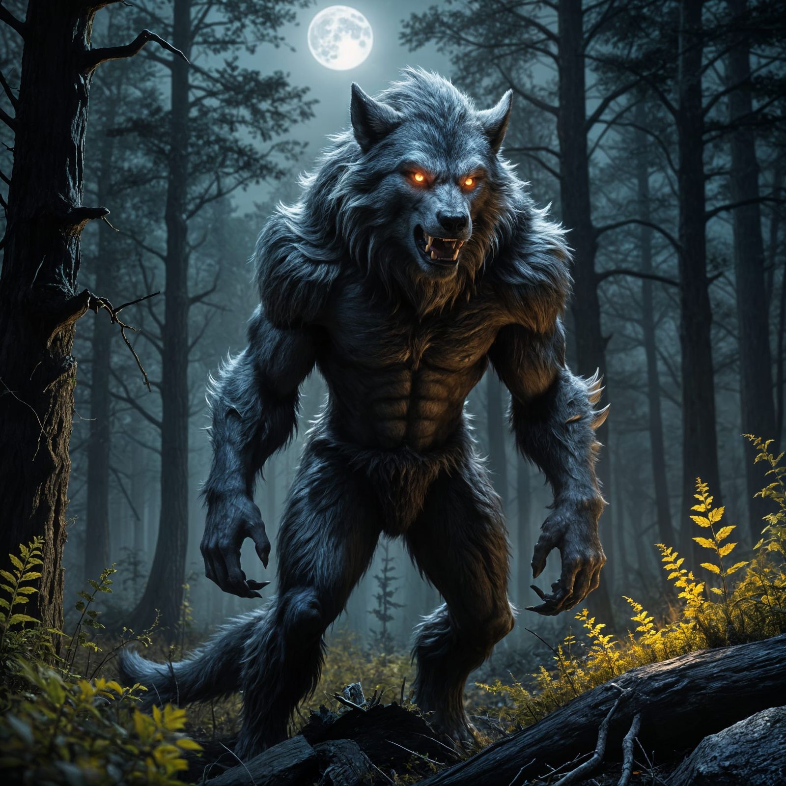 Realistic Werewolf Under Harvest Moon in Dark Forest