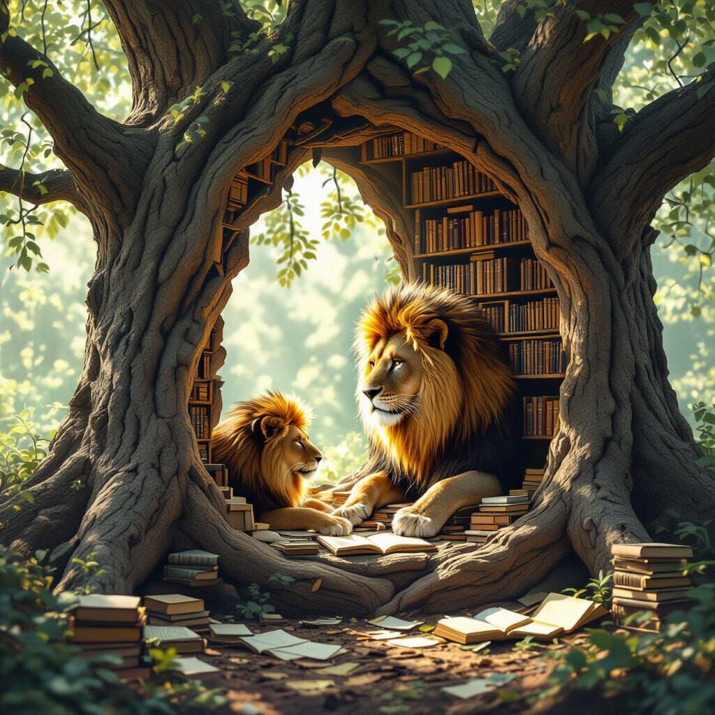 Regal Lion Organizes Miniature Library in Ancient Oak
