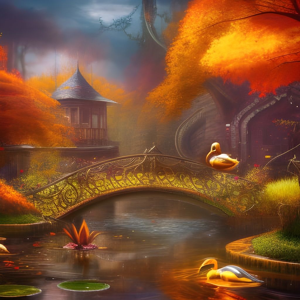 Steampunk Mechanical Duck in Autumn Pond