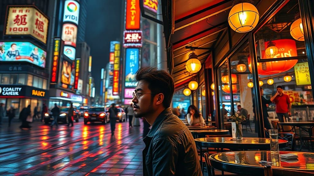 Hyperrealistic Night Cafe Scene in Urban Setting