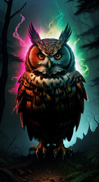 Owl-Headed Train in Mystical Forest, Frazetta Style
