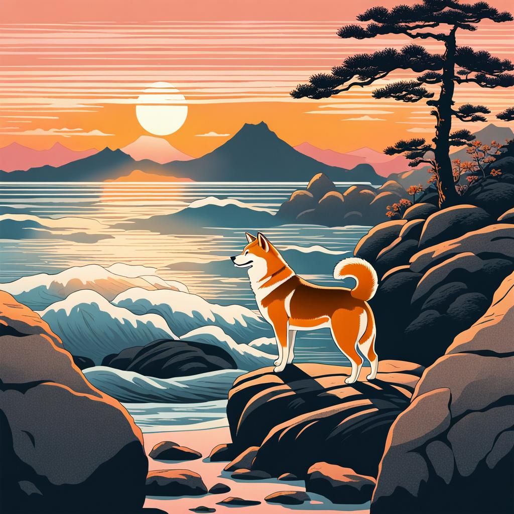 Shiba Inu on Rocky Shore in Ukiyo-e Style