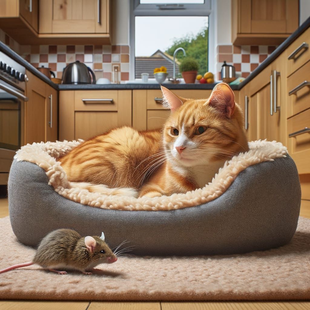Ginger Cat and Mouse Resting in Cozy Kitchen