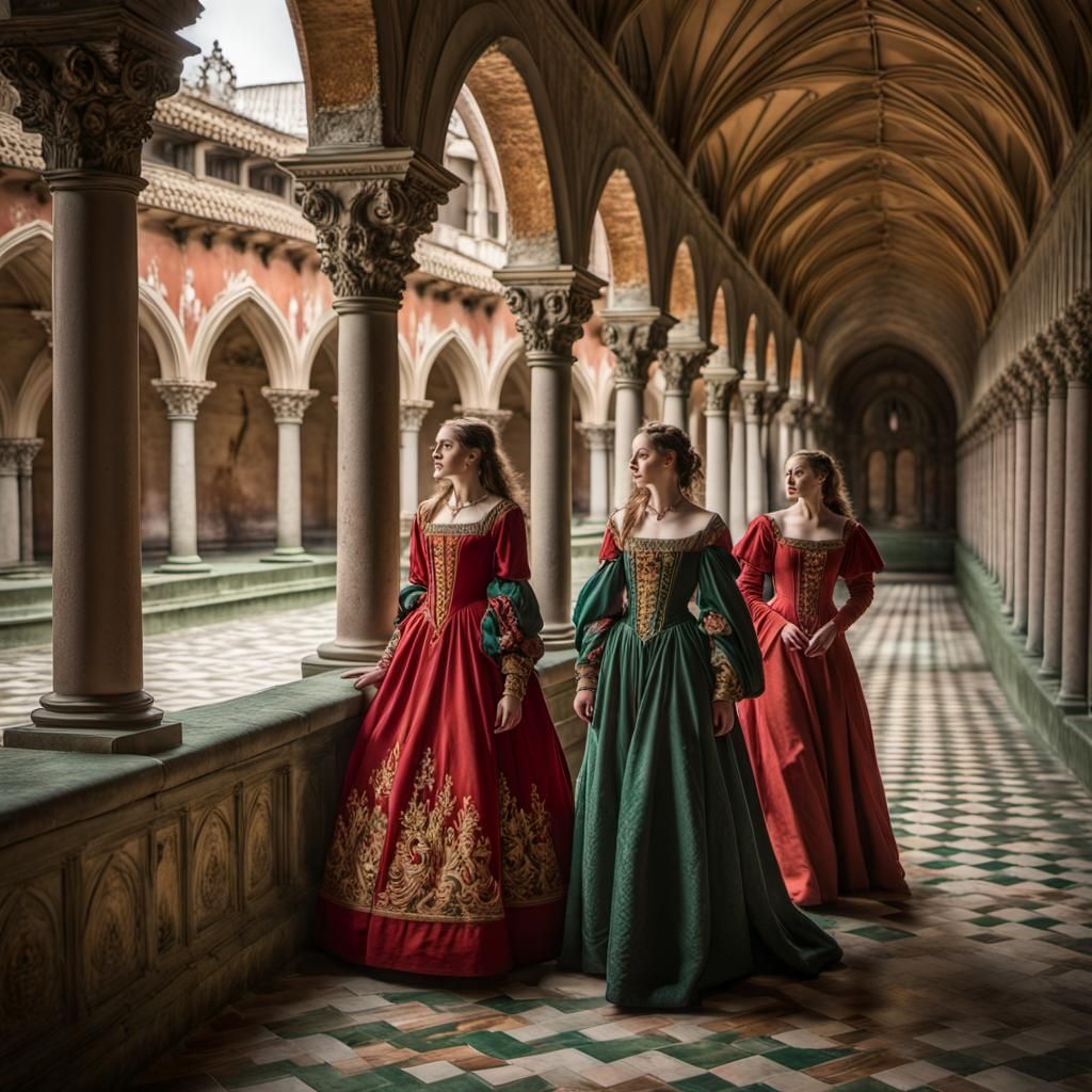 Renaissance Ladies in Convent Cloister: Digital Matte Painti...