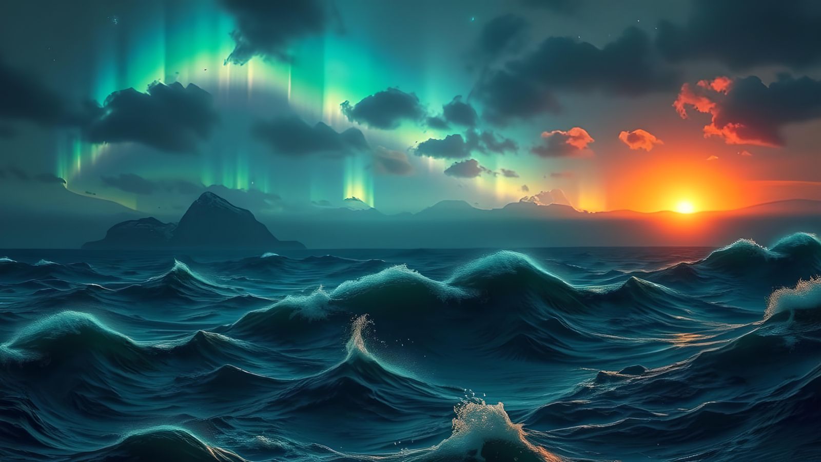 Stormy Sea Aurora at Night in Bold Colors