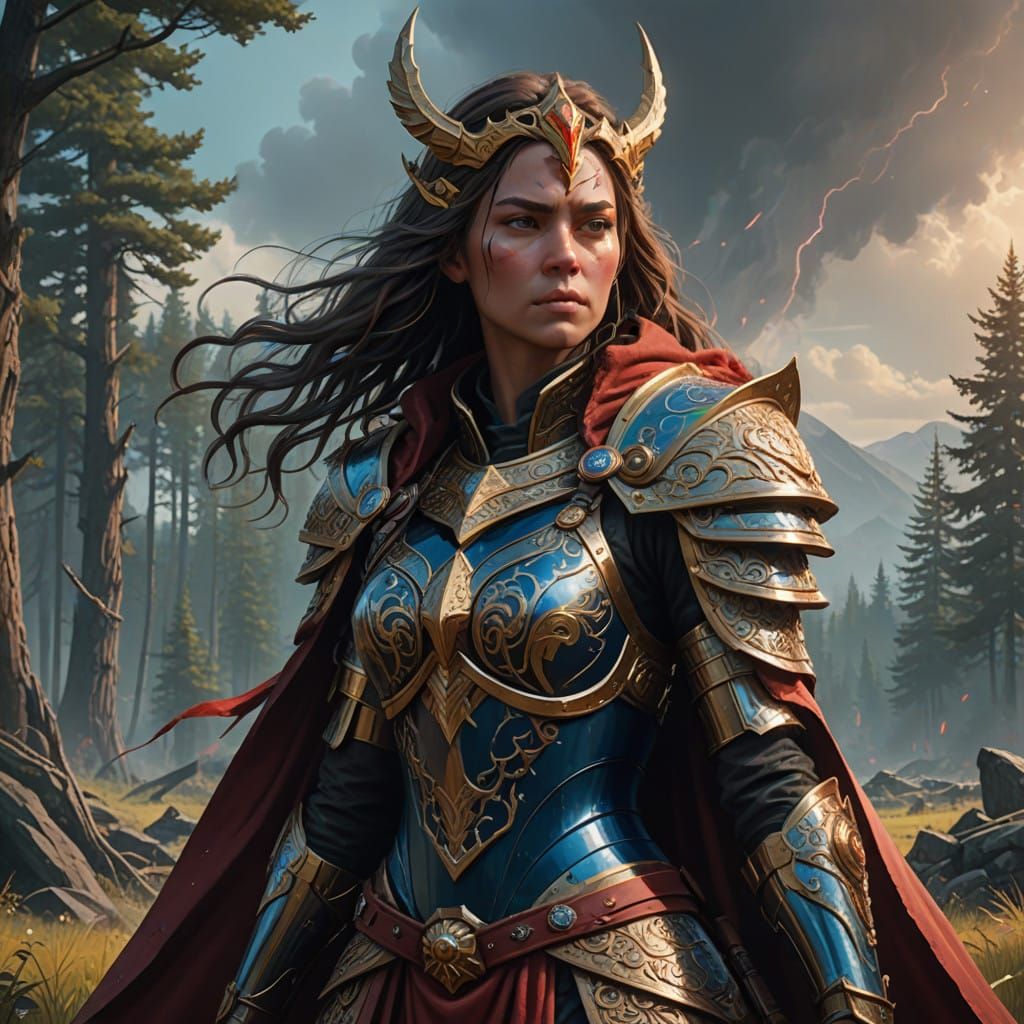 Strong Warrior Woman in Metallic Armor, Surrounded by a Land...