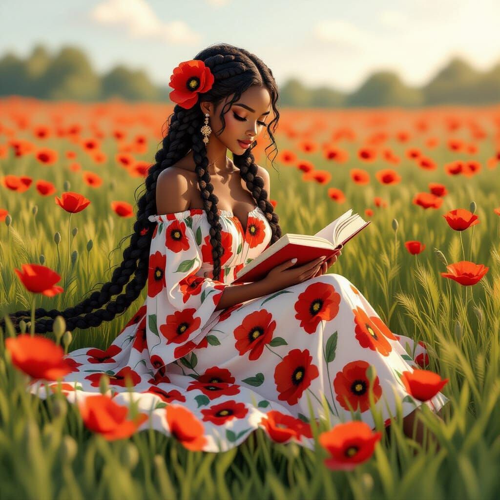 African American Woman Reading in Poppy Field