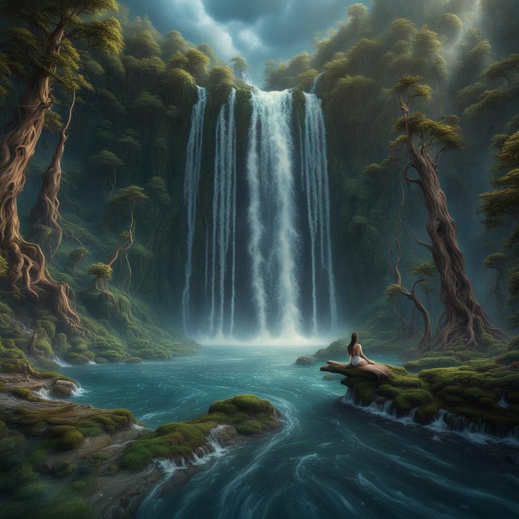 Surreal Mermaid in Floating Waterfall Landscape