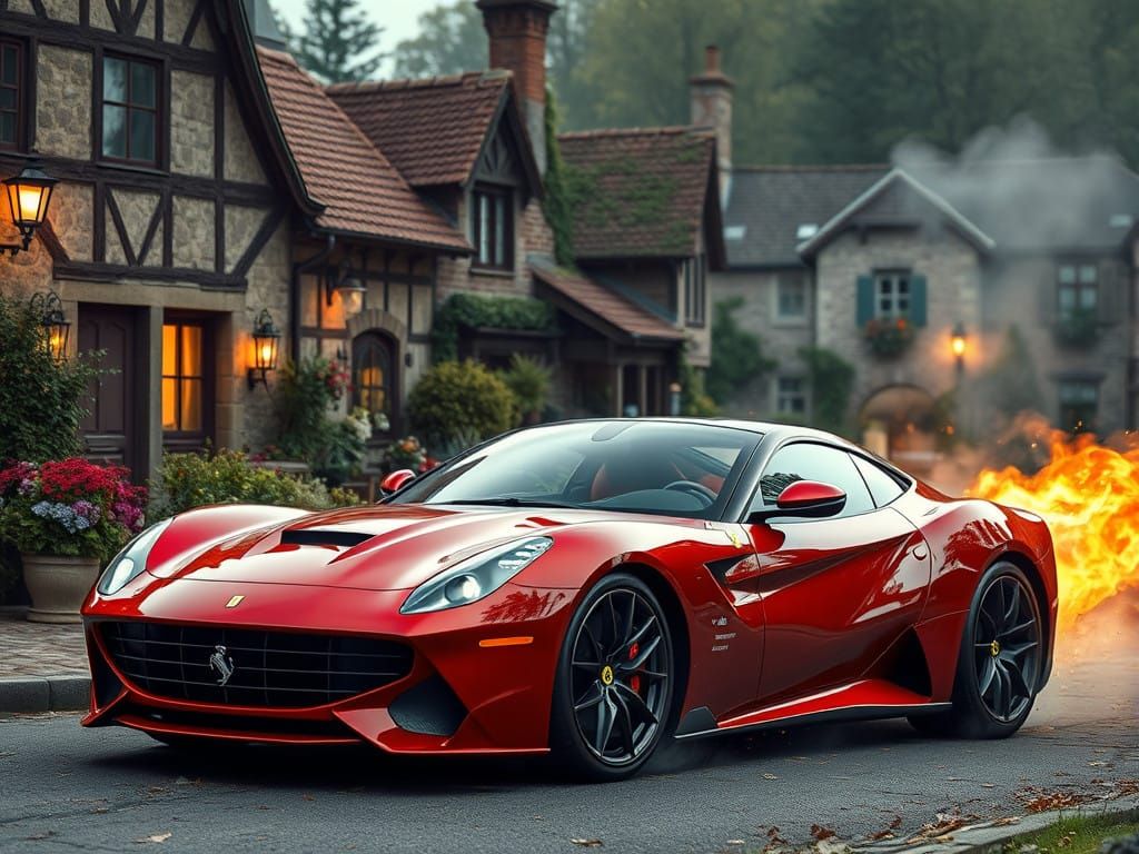 Steam Powered Ferrari in Quaint Village in Photorealistic Hy...