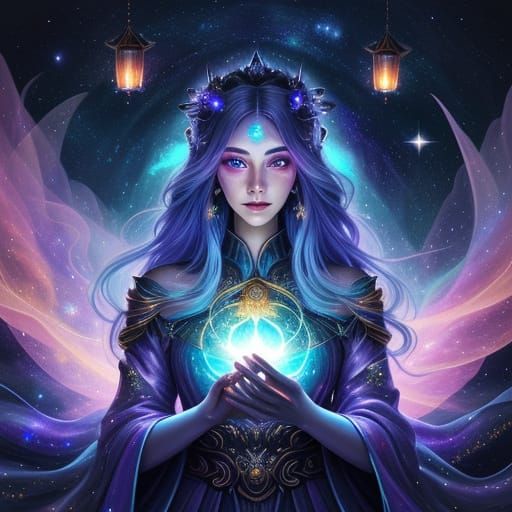 Celestial Goddess with Galaxy Robes: Digital Art