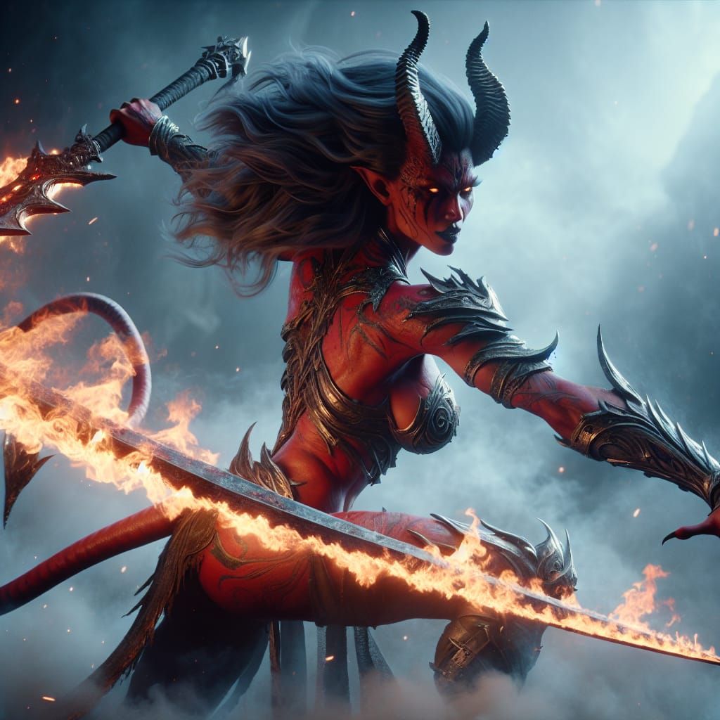 Fearsome Demon Warrior with Flaming Sword