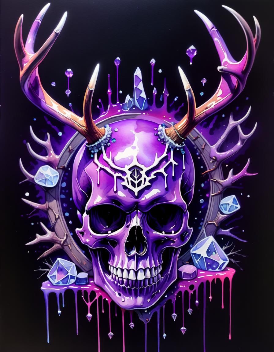 Neon Skull with Antlers Watercolor Art