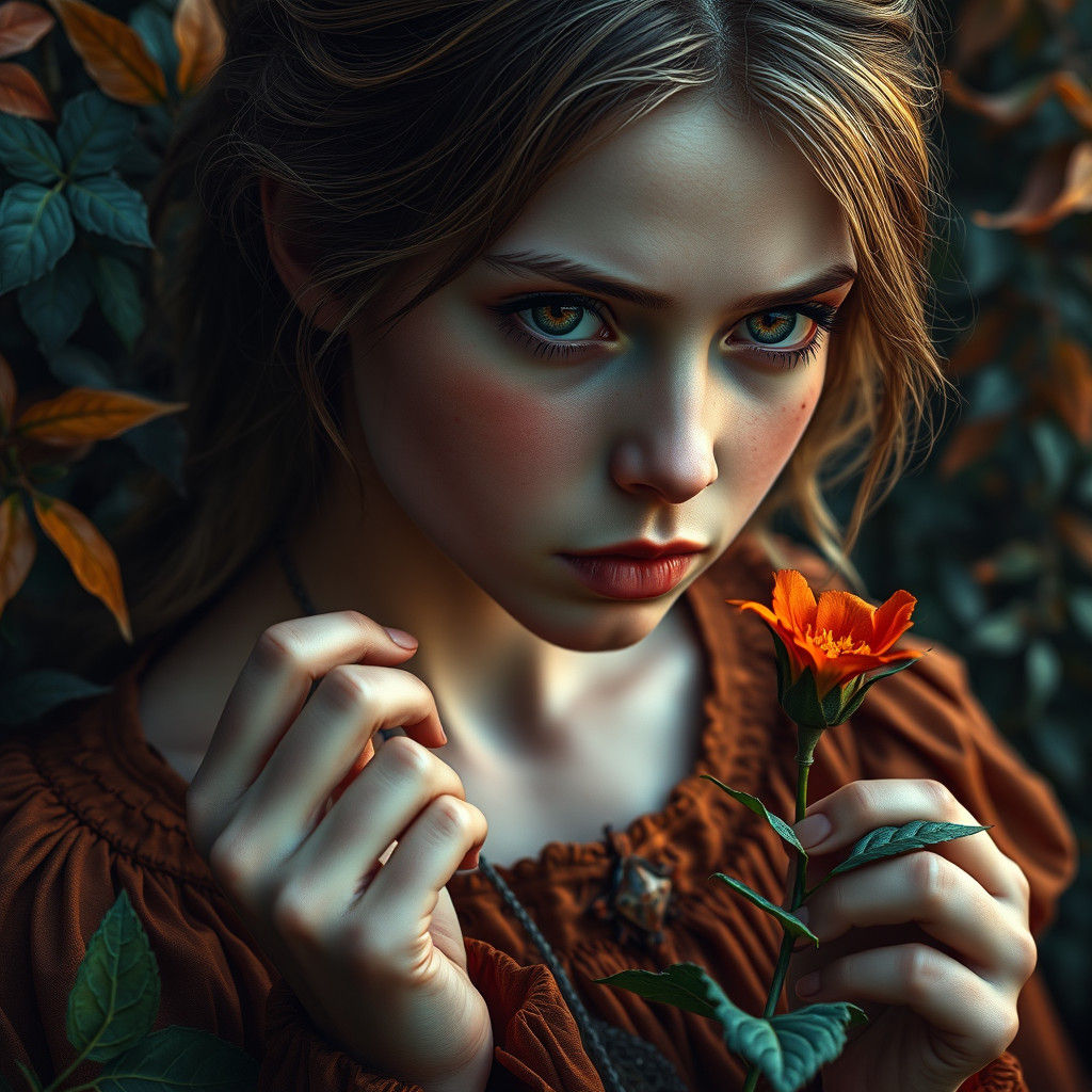 Woman Picking Russet Flower in Dreamlike Garden