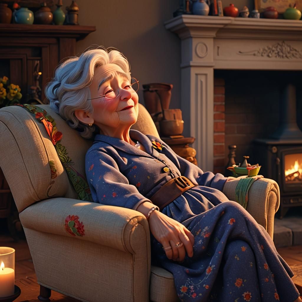 Pixar-Style Old Woman Sleeping by Fire