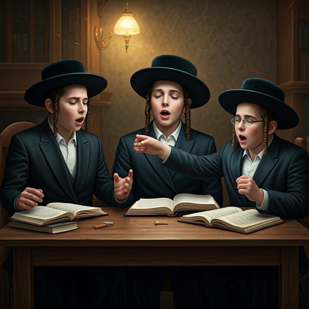 Hasidic Jews Singing Enthusiastically Around a Table