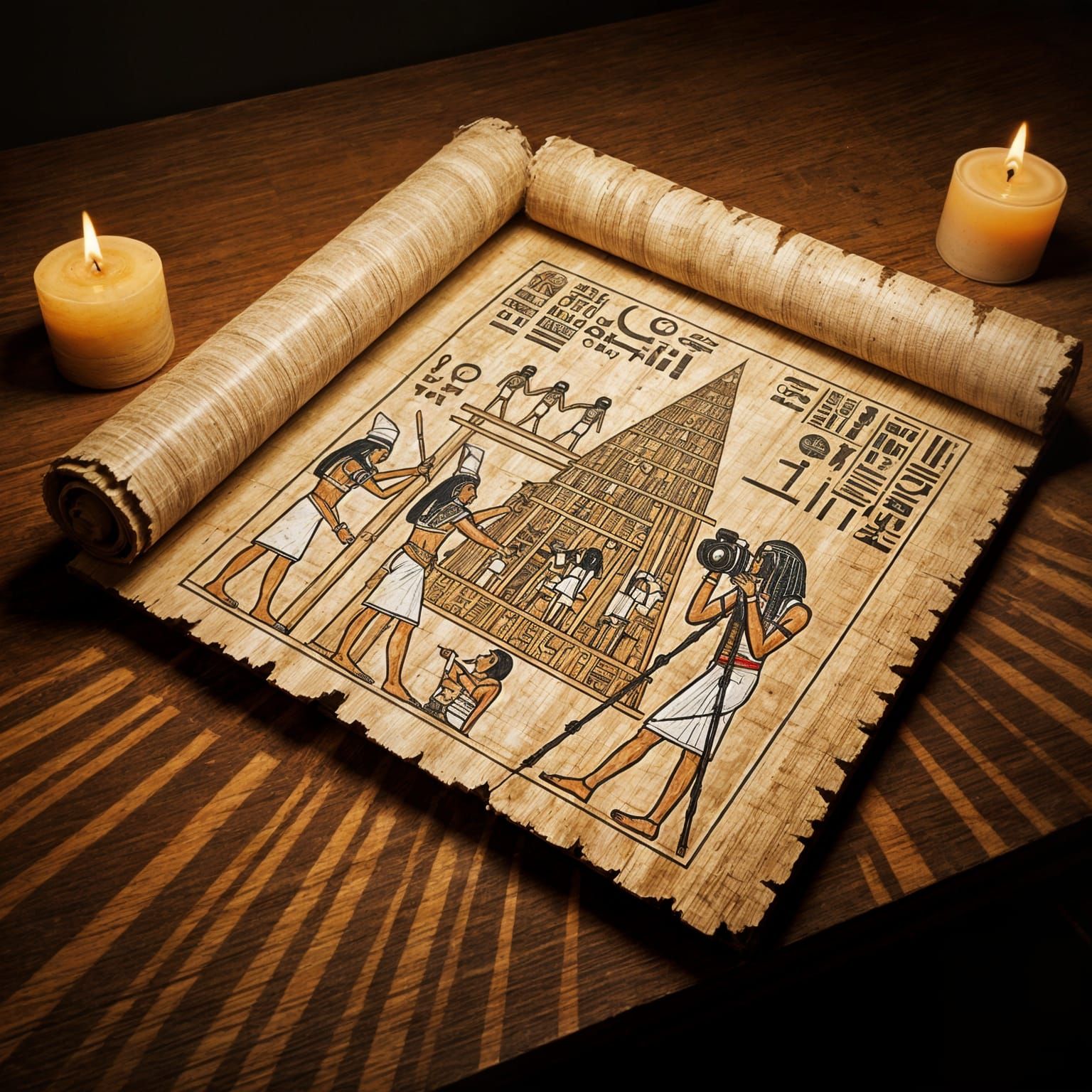 Egyptian Papyrus Scroll Depicting Pyramid Construction