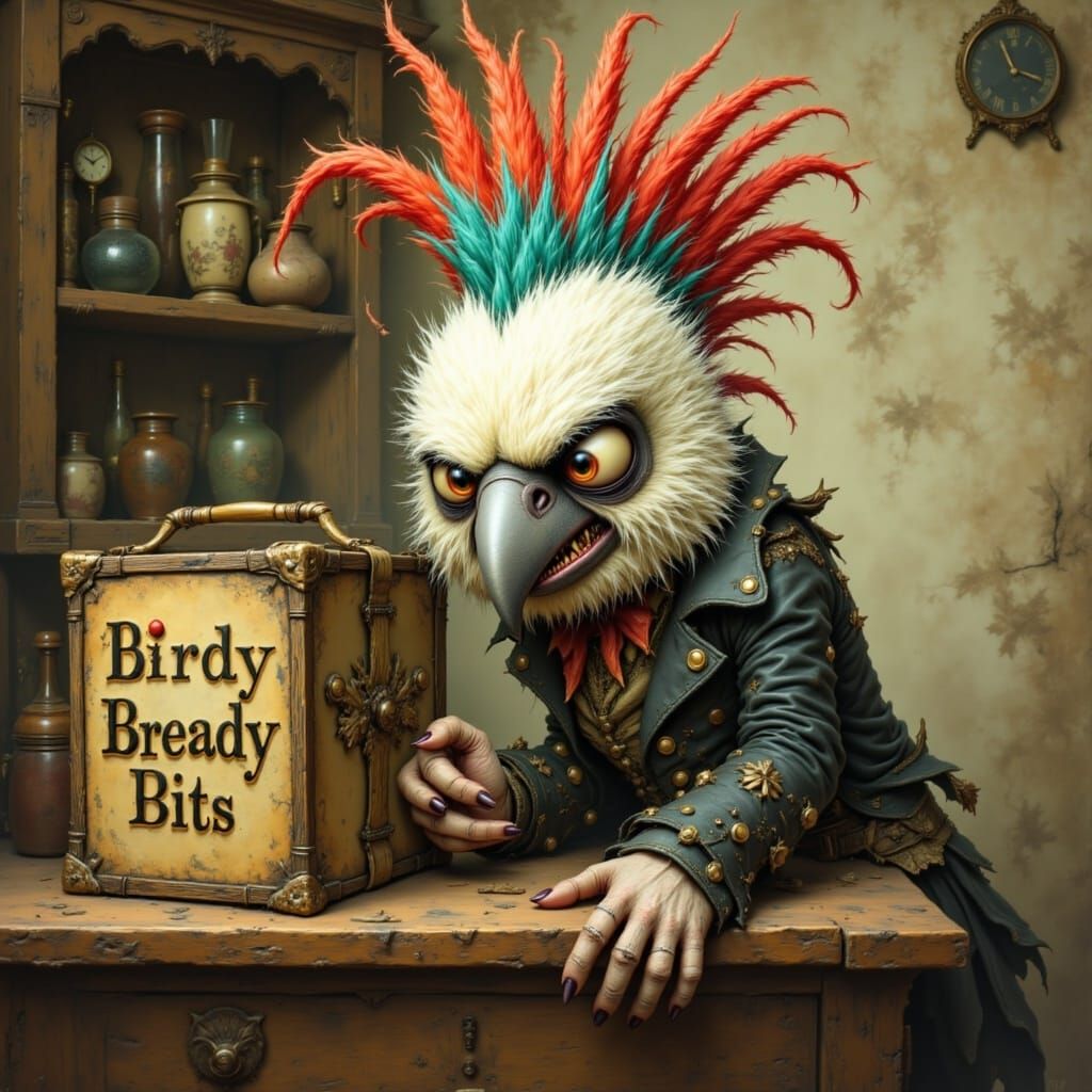 Vibrant Cockatoo in Leather Jacket, Beside Vintage Box, in M...