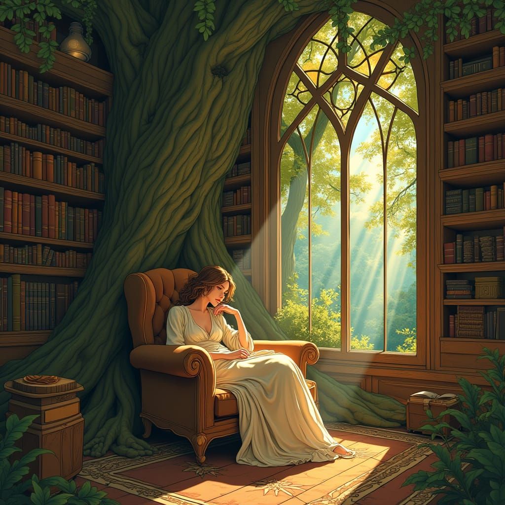 Serene Study in a Majestic Art Nouveau Tree Sanctuary