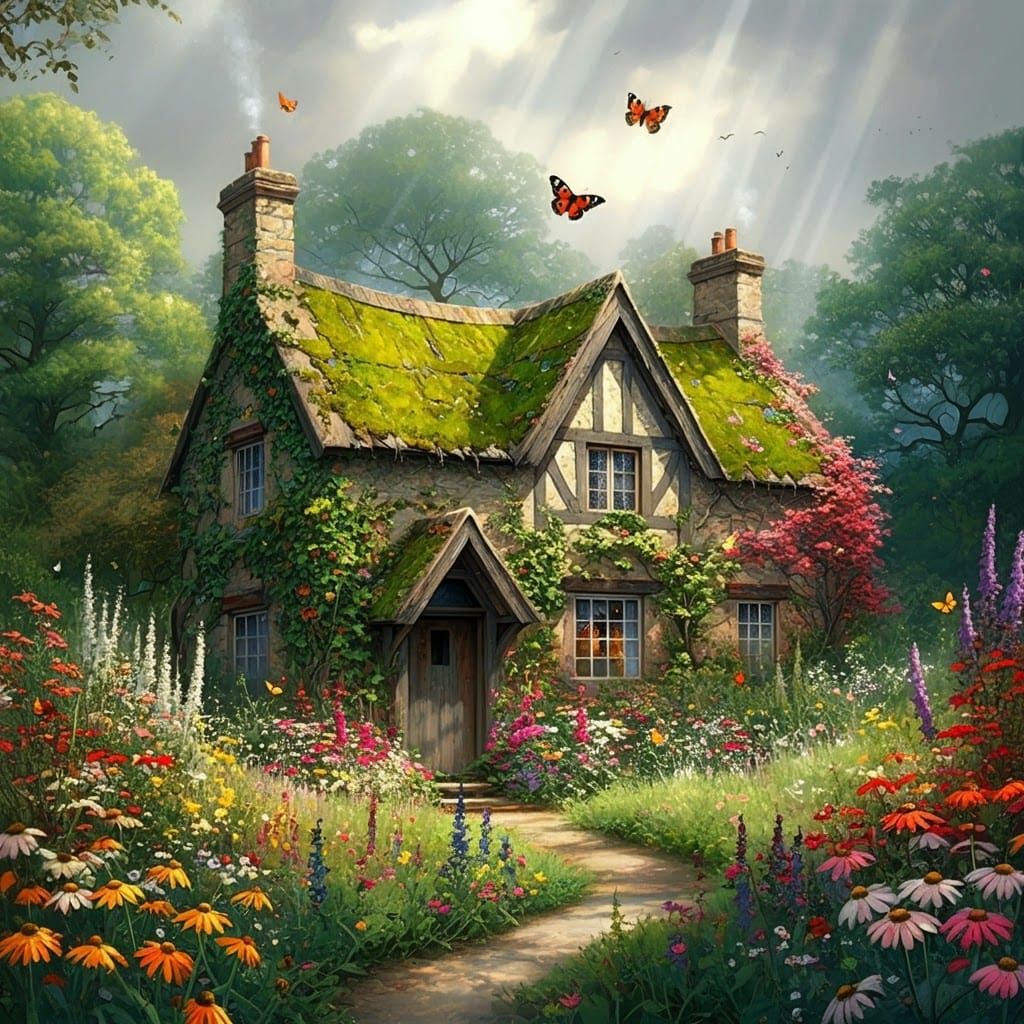 Idyllic Cottage Garden in Impressionist Style