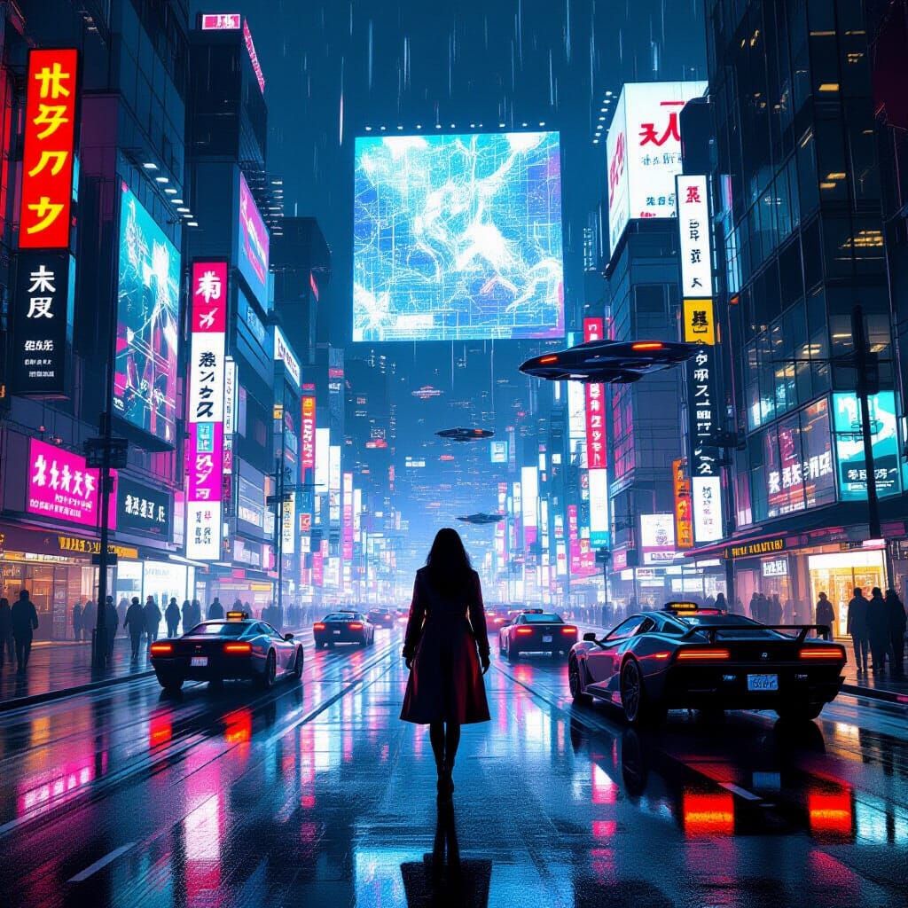 Cyberpunk Tokyo Night Scene with Neon Reflections