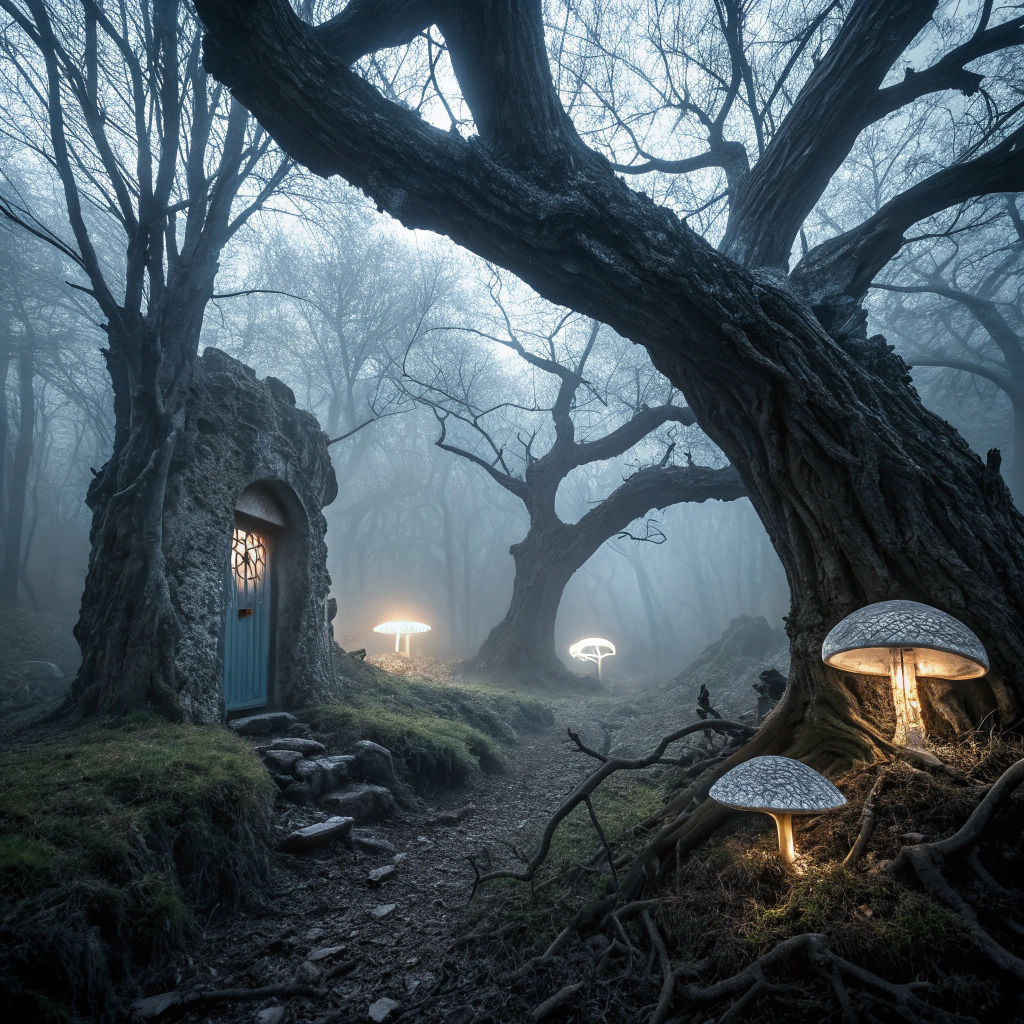 Mystical Realm of Gnarled Trees and Ethereal Mist