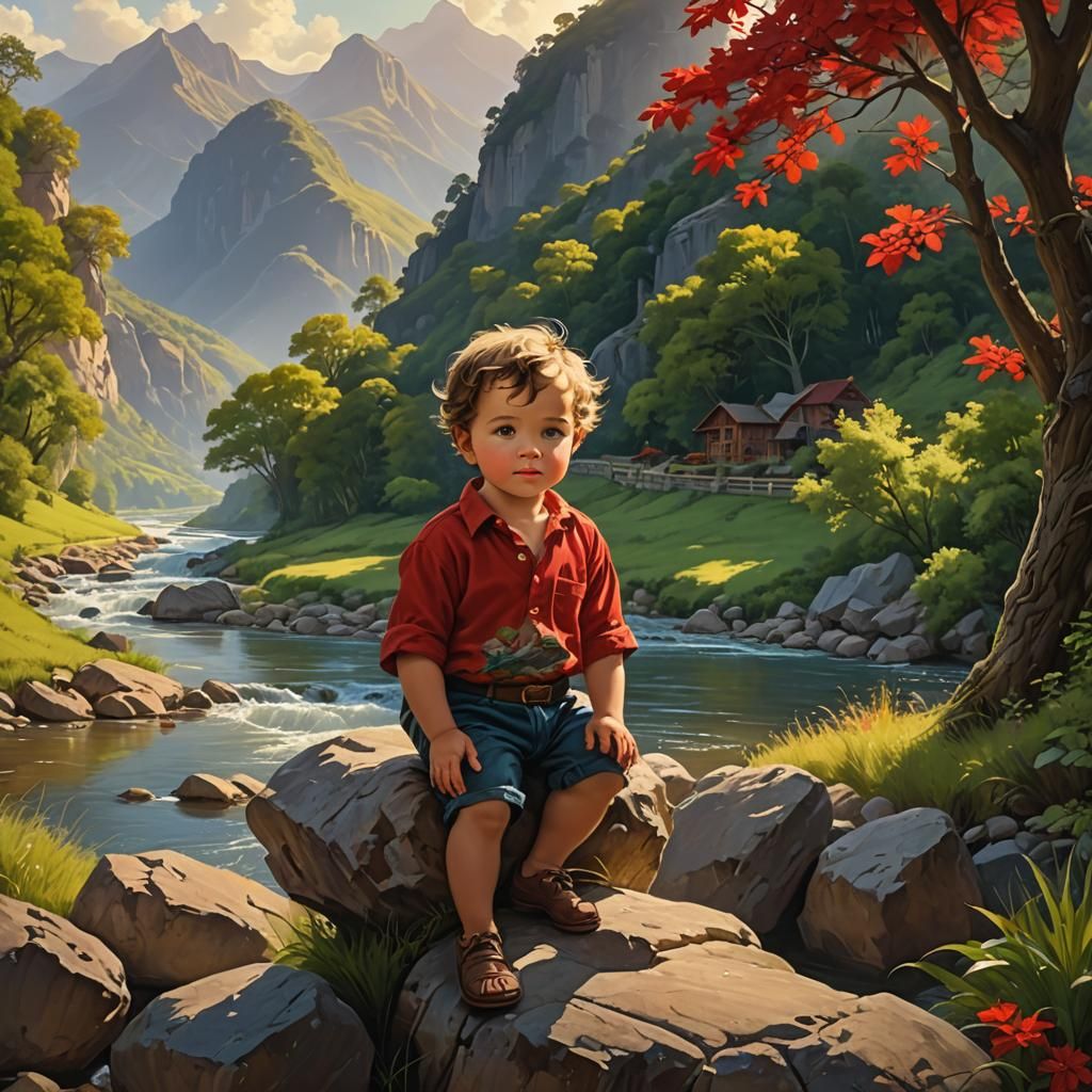 Baby Boy on Riverbank in Detailed Matte Painting