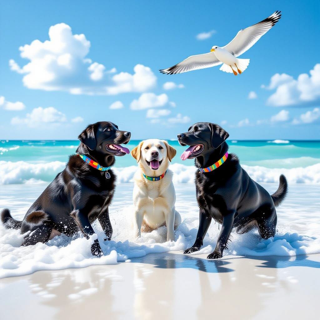 Labradors Play on White Sand Beach in Photorealistic Style