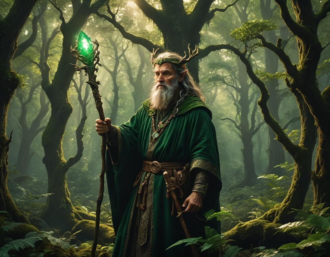 Druid in Emerald Forest: High-Fantasy Realism