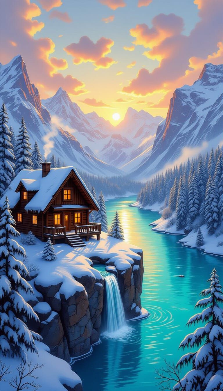 Cozy Cabin on Snowy Cliff Overlooking Turquoise River
