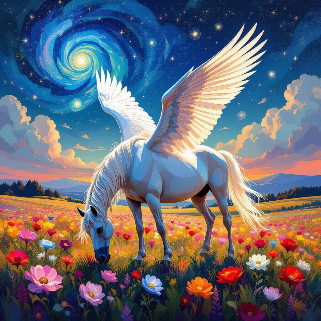 Winged Horse in Bioluminescent Field Under Nebula Sky