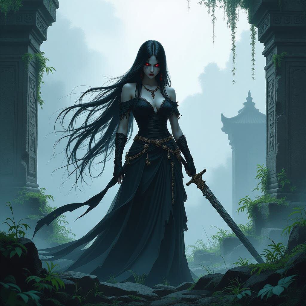 Forgotten Goddess in Overgrown Temple Ruins