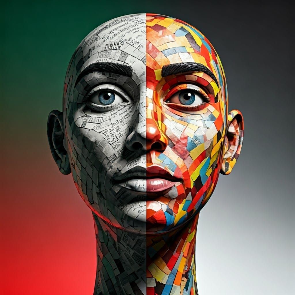 Papier Mache Face Sculpture with Contrasting Textures